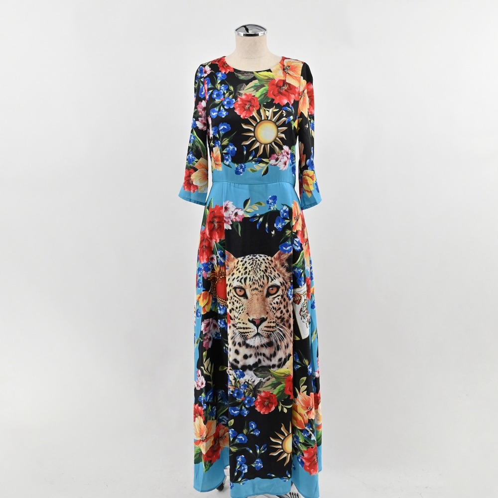 Leopard‎ Floral Maxi Dress Womens Size L Silk Maximalist Sicily Tropical Big Cat